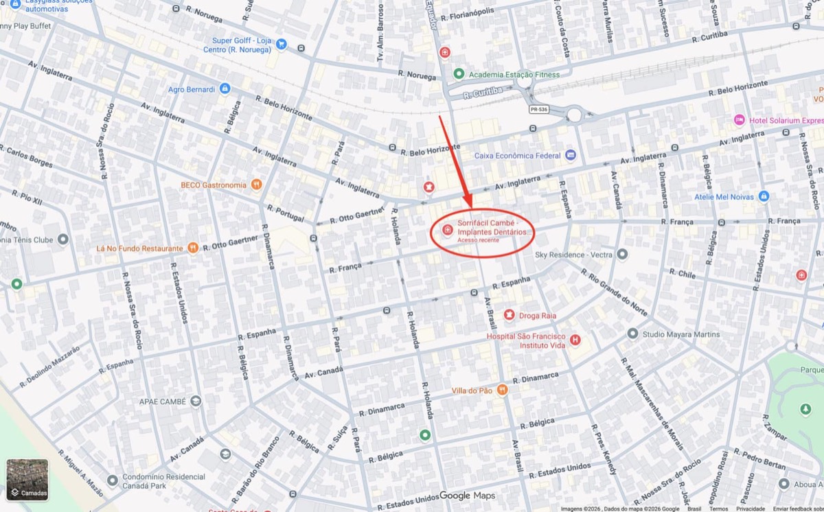 Mapa do centro de Cambé com a localização da Sorrifácil